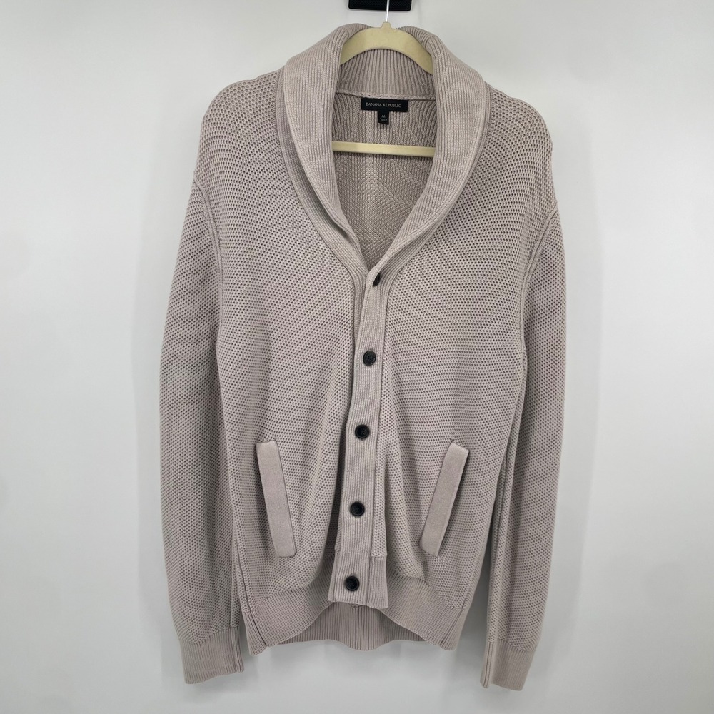 Banana Republic Cardigan Mens M Beige Shawl Collar Waffle Knit Button Sweater